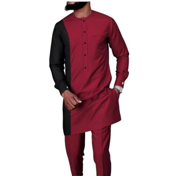 African Formal Dashiki Vibrant Crimson Shirt & Pant Suit Traditional Dress Outfi - Picture 2 of 7